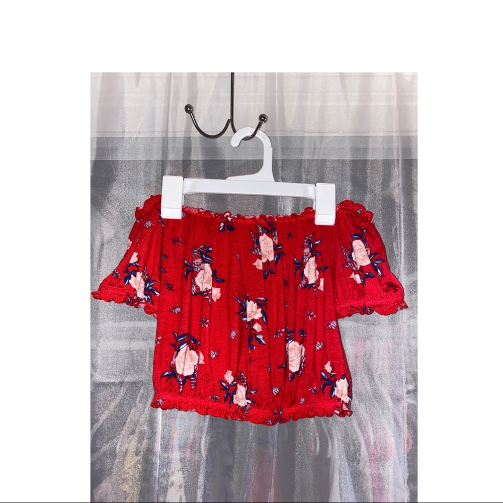 Red floral off the shoulder crop top